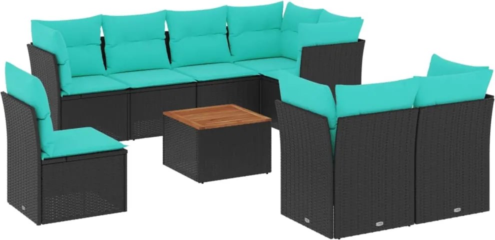 vidaXL Set mobilier de grădină cu perne, 9 piese, negru, poliratan