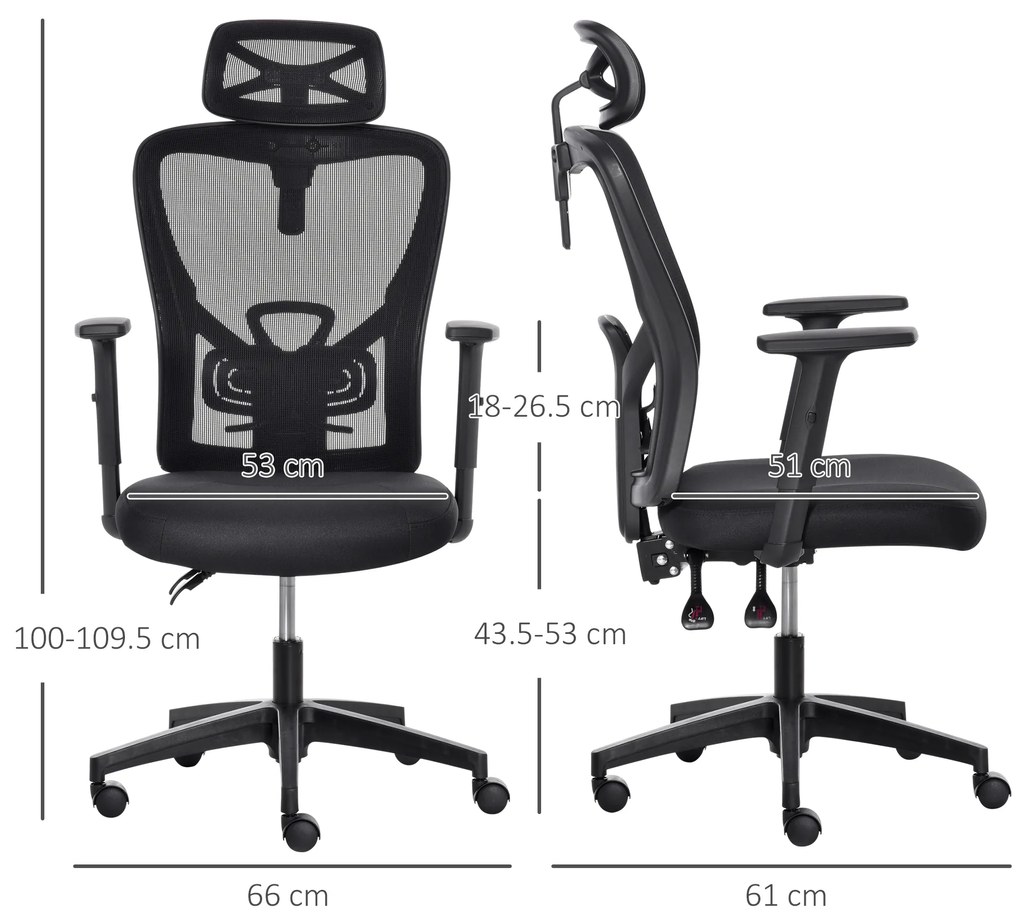 Scaun de birou ergonomic Vinsetto, Inaltime reglabila, Tetiera, 66x61x100-109.5cm, Negru