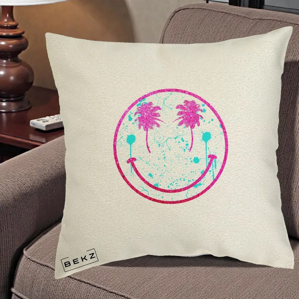 Perna Decorativa Smiley Face Tropical Glitter Roz, 40x40 cm, Ecru, Husa Detasabila, Perna Inclusa, BEKZ®