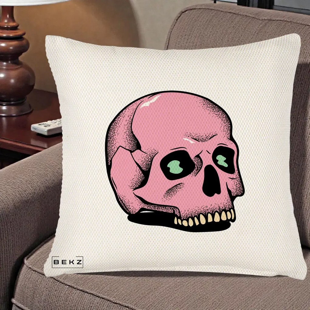 Perna Decorativa Craniu Roz Tatoo Art Halloween, 40x40 cm, Crem Reliefat, Husa Detasabila, Perna Inclusa, BEKZ®