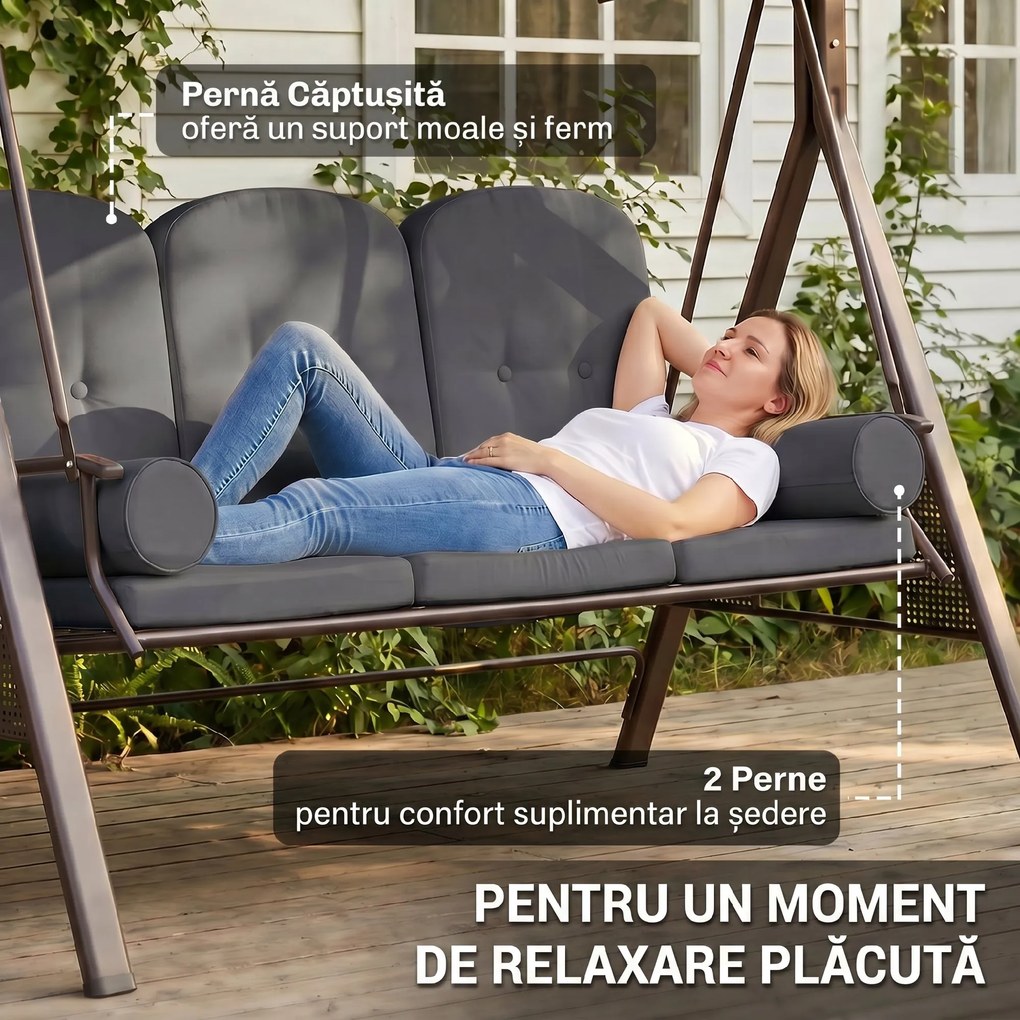 Outsunny Leagăn de Grădină pentru 3 Persoane, Bancă Balansoar cu Copertină Reglabilă și Perne, 120x208x172 cm, Gri | Aosom Romania