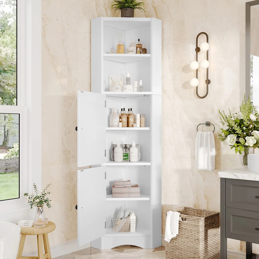 Dulap de baie triunghiular cu două rafturi deschise, pereți despărțitori reglabili, 51,7x32x155,4 cm, Alb