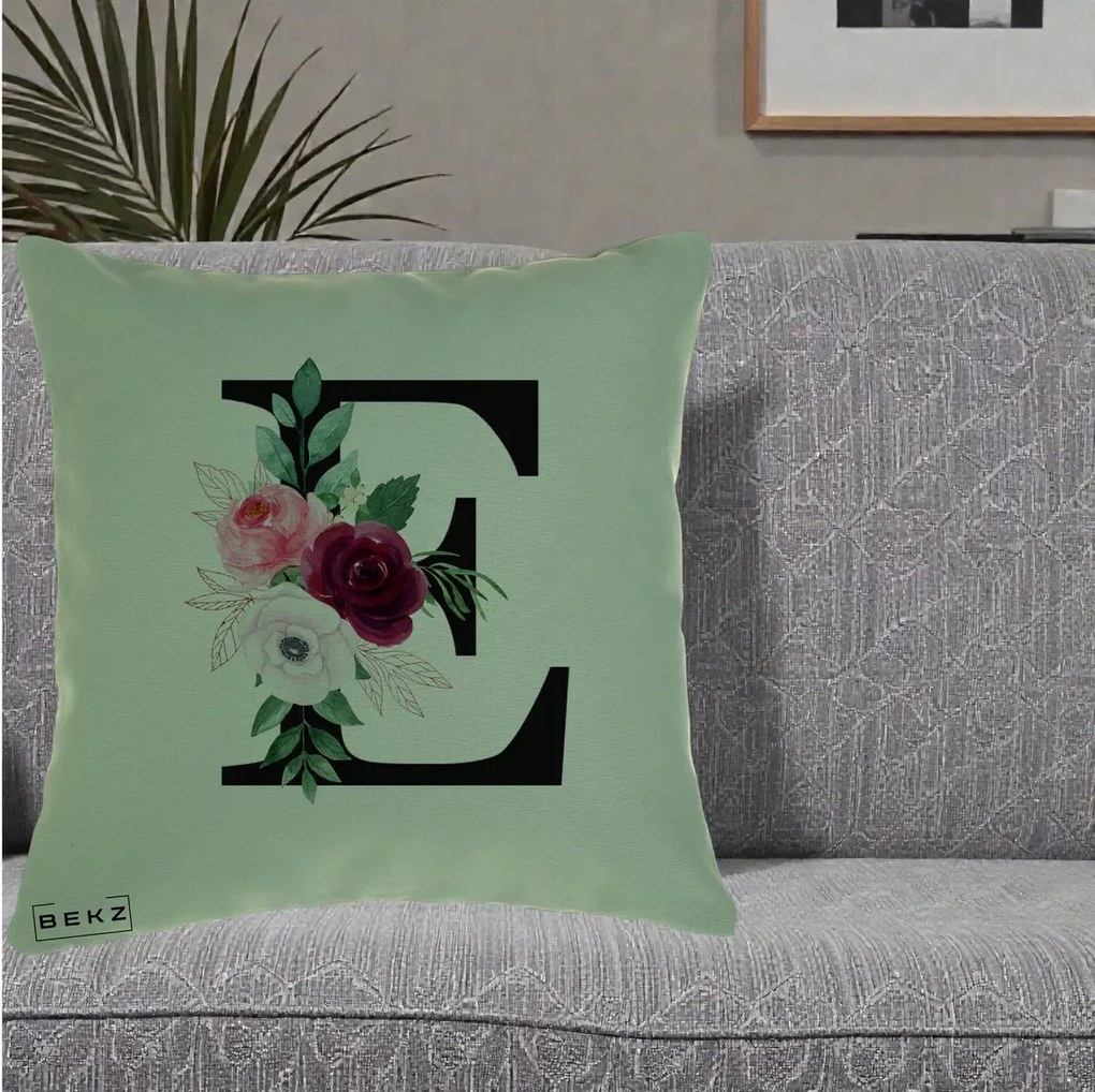 Cadou Personalizat - Perna Personalizata Monograma Florala Litera E, 40x40 cm, Verde, Husa Detasabila, Perna Inclusa, BEKZ®