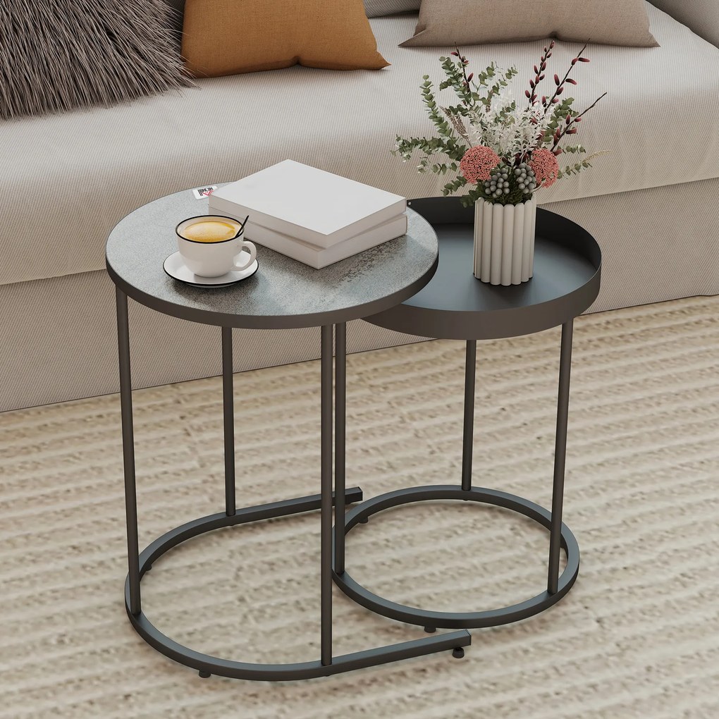 HOMCOM Set de 2 Măsuțe de Cafea în Stil Industrial, din Lemn și Metal, Ø42x54 cm și Ø36.5x48.5 cm, Gri și Negru | Aosom Romania
