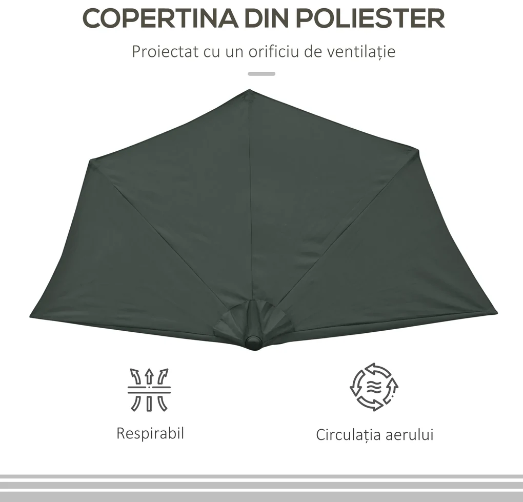 Outsunny Umbrelă Semicirculară Perete Grădină Deschidere Manivela Poliester Gri 269x138x236cm | Aosom Romania
