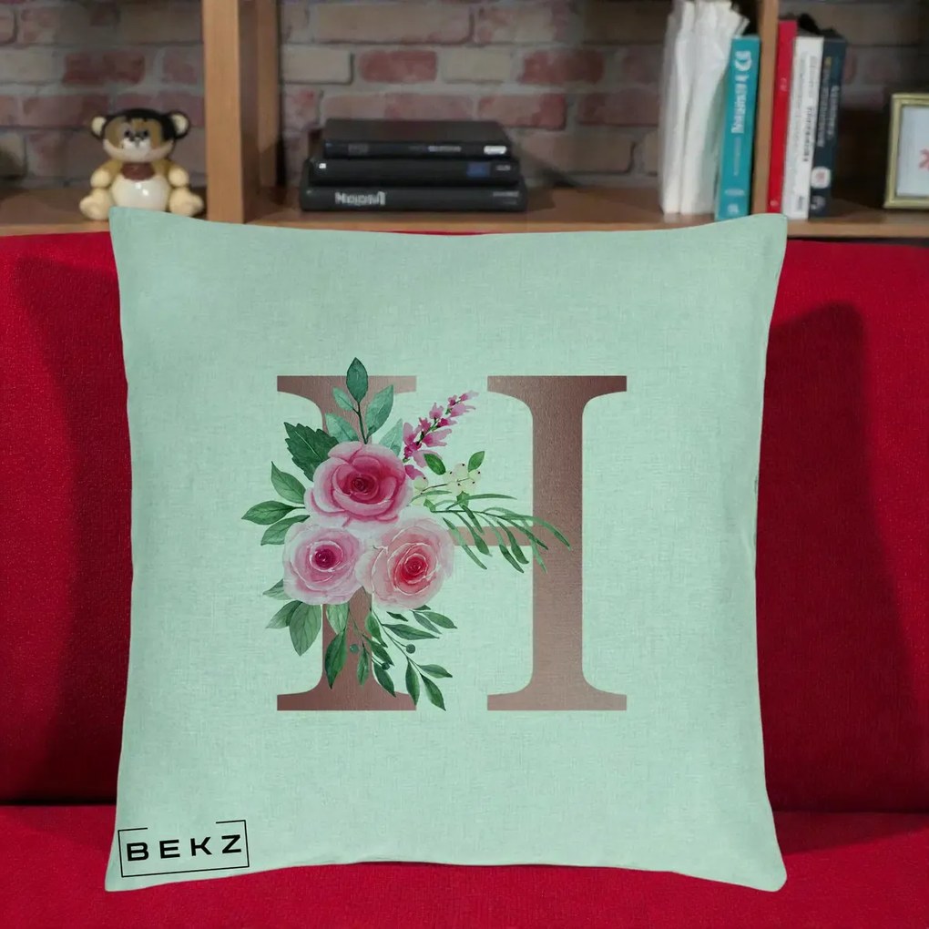 Cadou Personalizat - Perna Personalizata Monograma Rose Gold Litera H, 40x40 cm, Verde Menta, Husa Detasabila, Perna Inclusa, BEKZ®