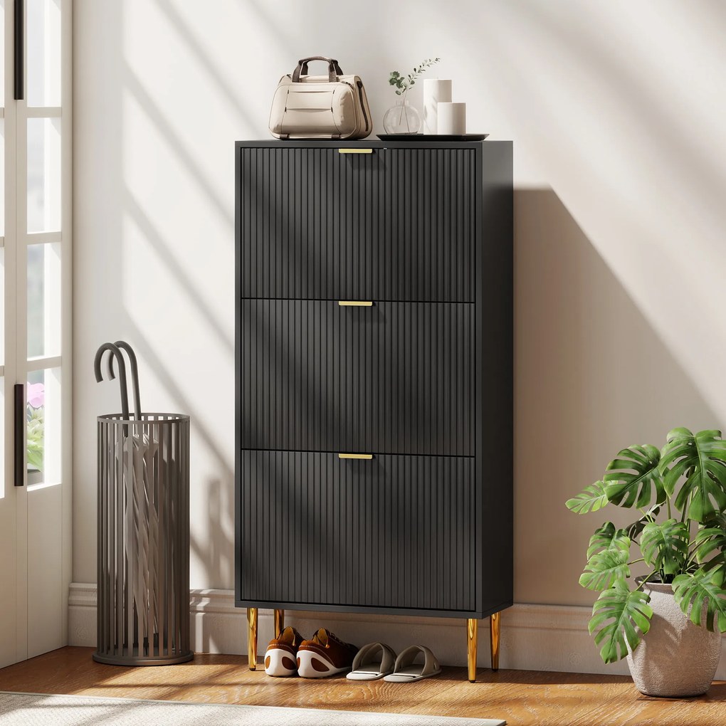 HOMCOM Mobilier pentru pantofi 18 perechi cu 3 sertare rabatabile, uși canelate și rafturi reglabile, 60x24x122,5cm, negru | Aosom Romania