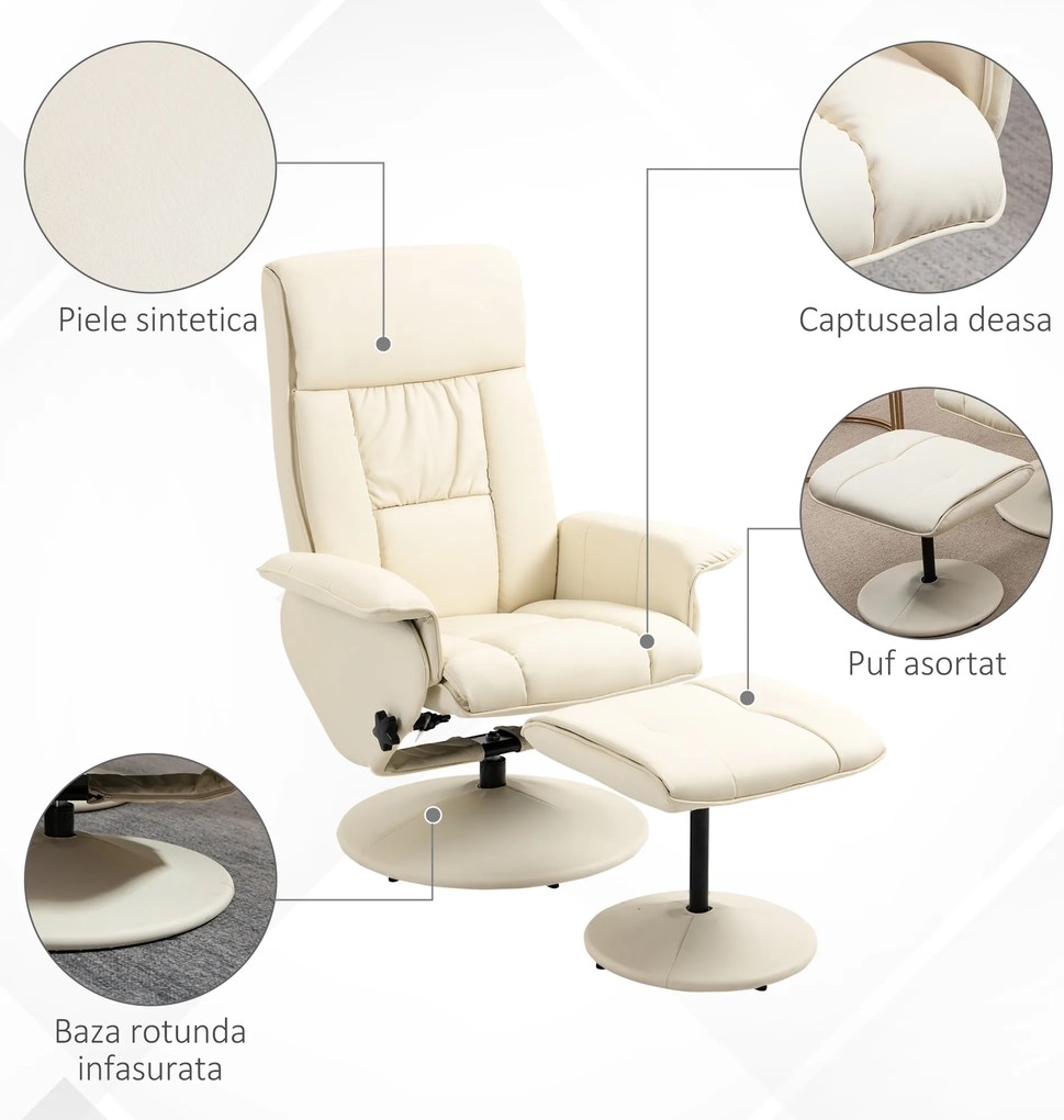 Fotoliu Living si taburet otoman cu baza infasurata, Scaun rabatabil rotitor din piele PU cu suport de picioare, Crem Alb | Aosom Romania