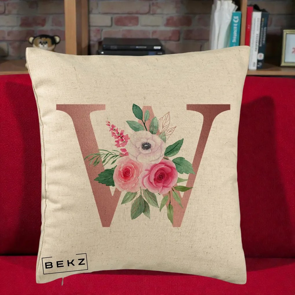 Cadou Personalizat - Perna Personalizata Monograma Rose Gold Litera W cu Trandafiri si Anemona, 40x40 cm, Bej, Husa Detasabila, Perna Inclusa, BEKZ®