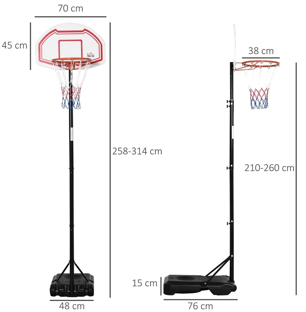 HOMCOM Panou de Baschet cu Înălțime Reglabilă, Bază Umplută și 2 Roți, Panou de Baschet, 70x45x258-314 cm, Roșu | Aosom Romania