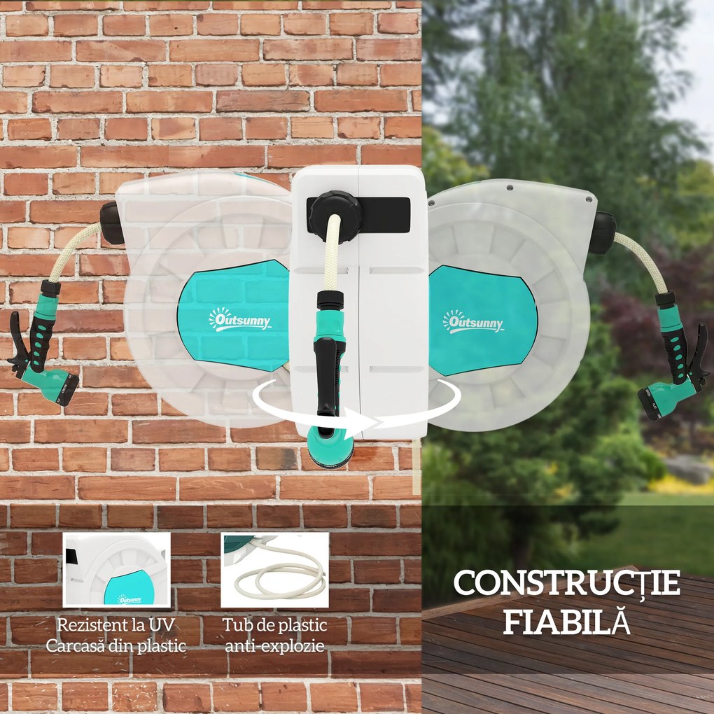 Outsunny Tambur furtun pentru udare suport furtun de apă 25+2 m suport de perete + mâner pivotant la 180° 55 x 20 x 42 cm gri deschis | Aosom Romania