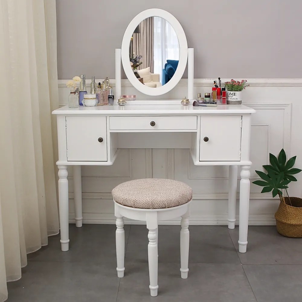 Set Melissa, Masă de toaletă pentru machiaj cu scaun, oglindă și 3 sertare, Alb,