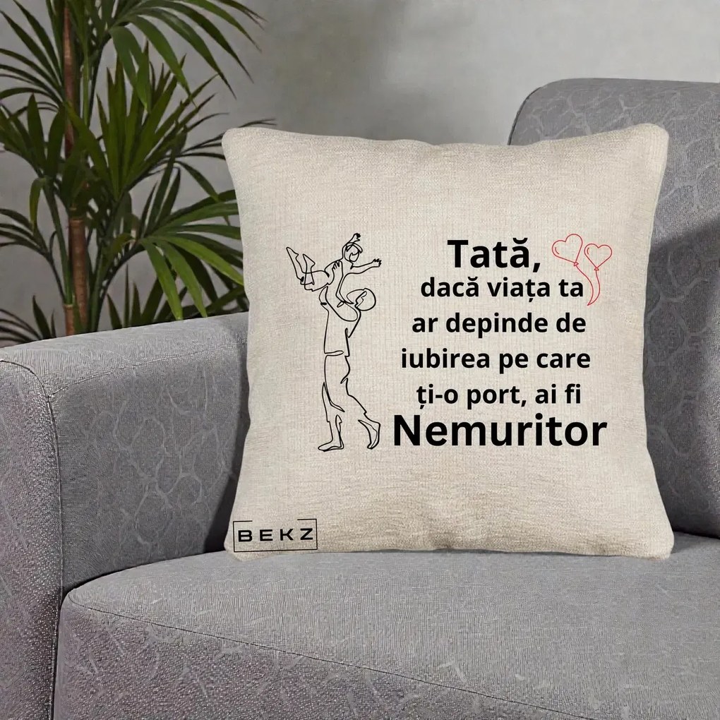 Cadou pentru Tata - Perna Personalizata Tata Nemuritor Joaca in Aer, 40x40 cm, Bej Canapea, Husa Detasabila, Perna Inclusa, BEKZ®