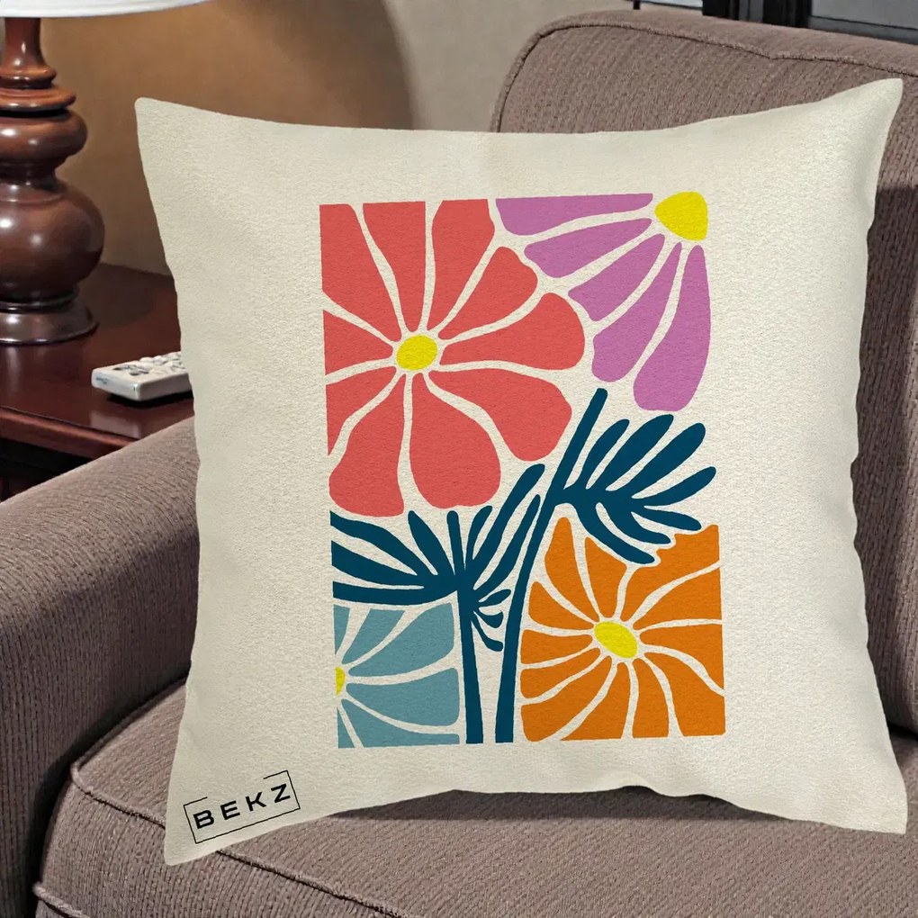Perna Decorativa Flori Grafice Roz-Orange-Albastru, 40x40 cm, Ecru, Husa Detasabila, Perna Inclusa, BEKZ®