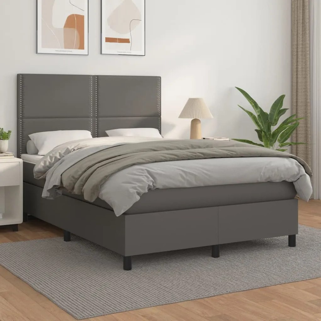 3142783 vidaXL Pat box spring cu saltea, gri, 140x190 cm, piele ecologică