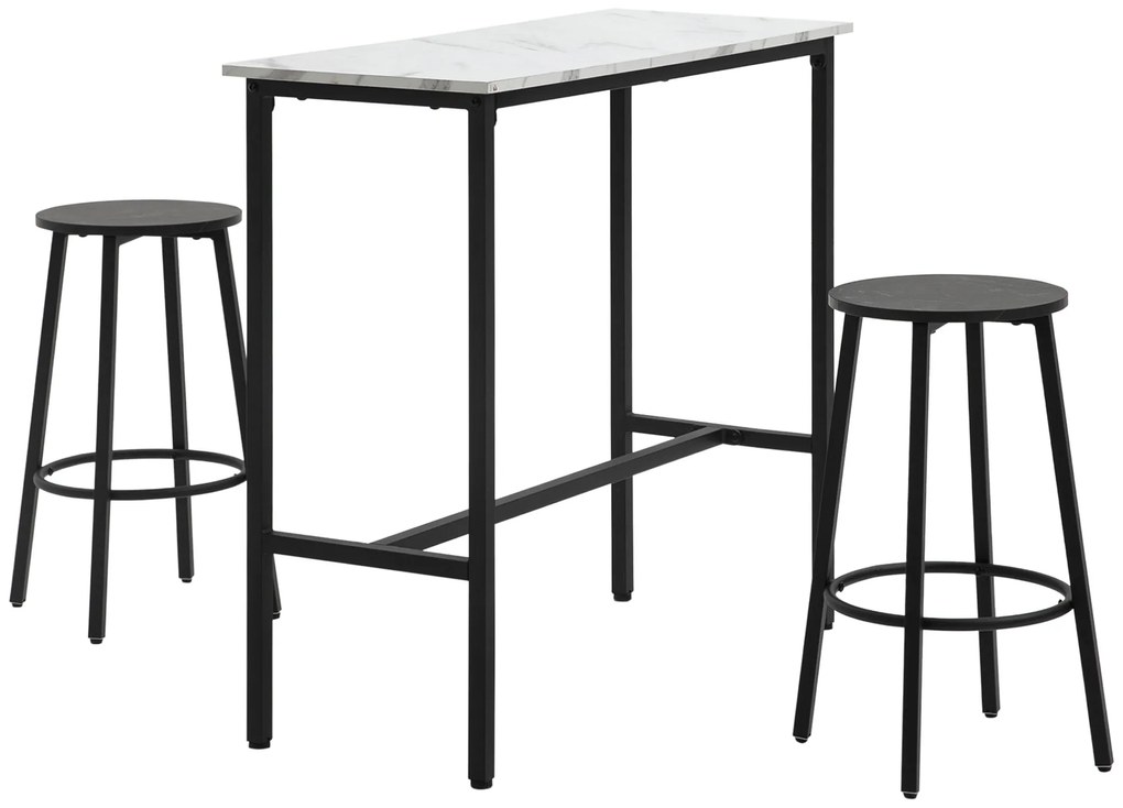HOMCOM Set de bar pentru 2 persoane, 1 masă cu 2 scaune de bar, placă de masă în aspect de marmură albă, cadru din oțel | Aosom Romania