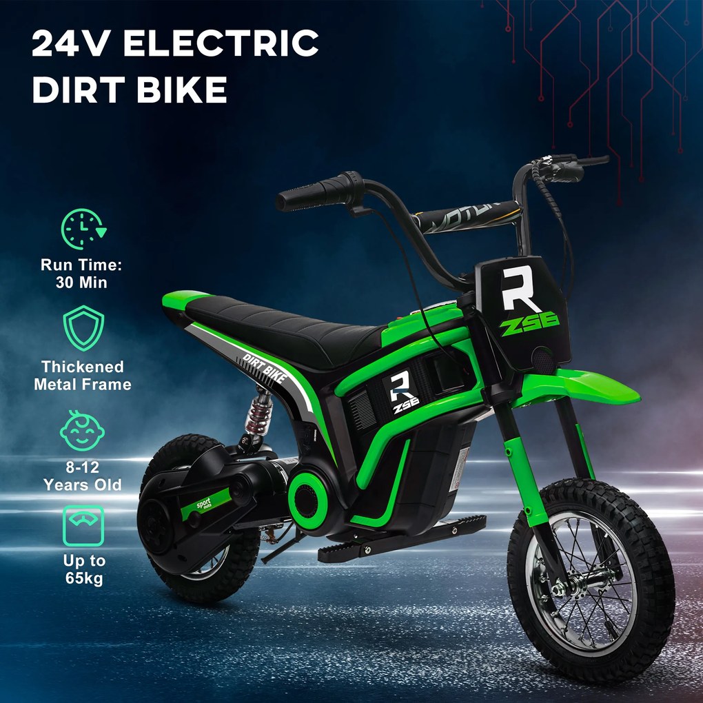 HOMCOM Motocicletă Electrică pentru Copii 8-12 Ani cu Accelerație Manuală și 2 Viteze, 119x64x76,5 cm, Verde | Aosom Romania