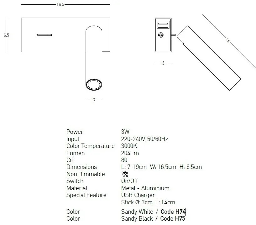 Aplica de perete cu spot LED directionabil, USB Charger Nihad alba