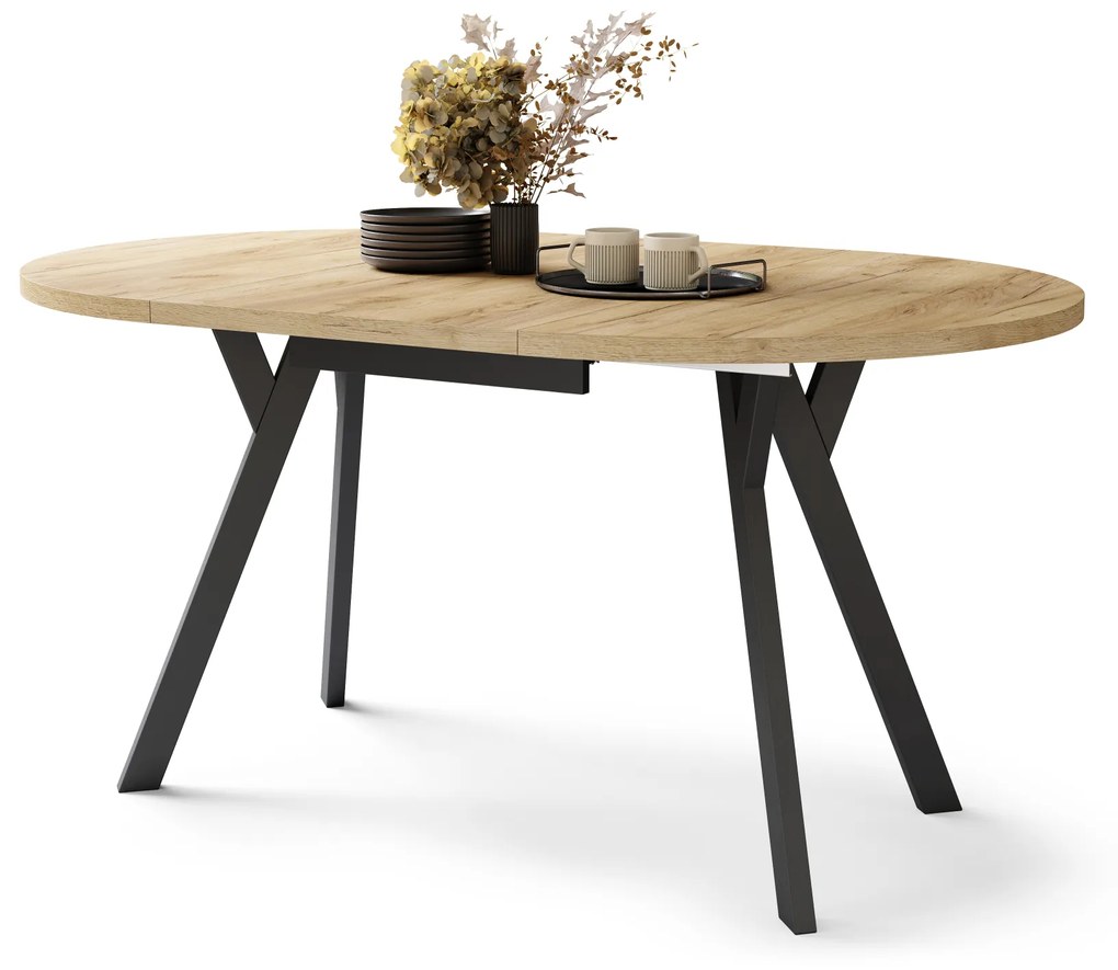 Mazzoni ALDO Stejar Craft Auriu/picioare negre - MASĂ ROTUNDĂ EXTENSIBILĂ CU PICIOARE ÎN FORMĂ DE "Y" STIL LOFT PENTRU SALON/SUFRAGERIE