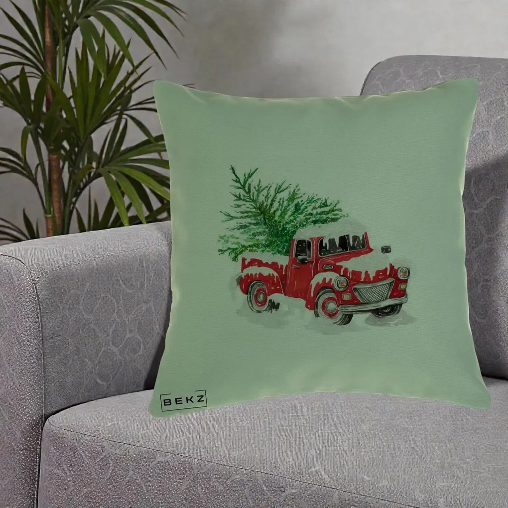 Perna Decorativa Camioneta Rosie Brad de Craciun, 40x40 cm, Verde, Husa Detasabila, Perna Inclusa, BEKZ®