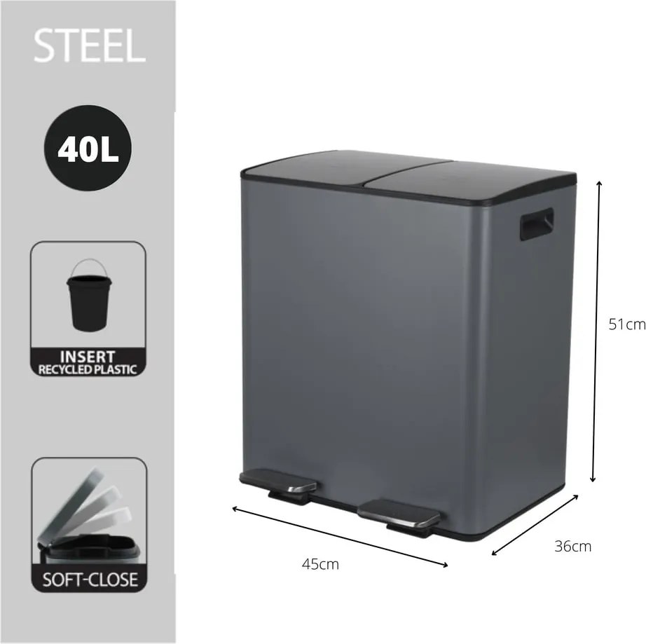 Coș de gunoi gri închis pentru reciclare/cu pedală 2x20 l din oțel Aliya – Spirella