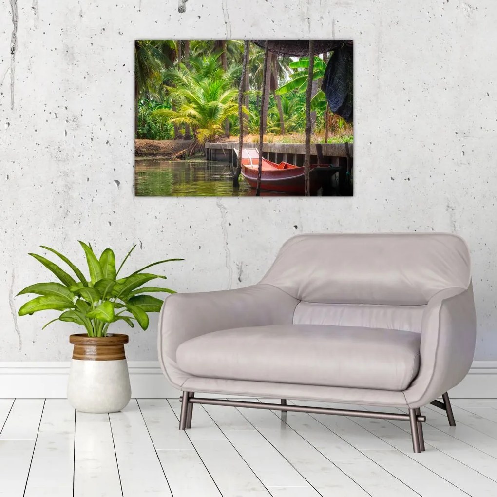 Tablou pe sticlă - Nava din lemn în canal , Thailand (70x50 cm)