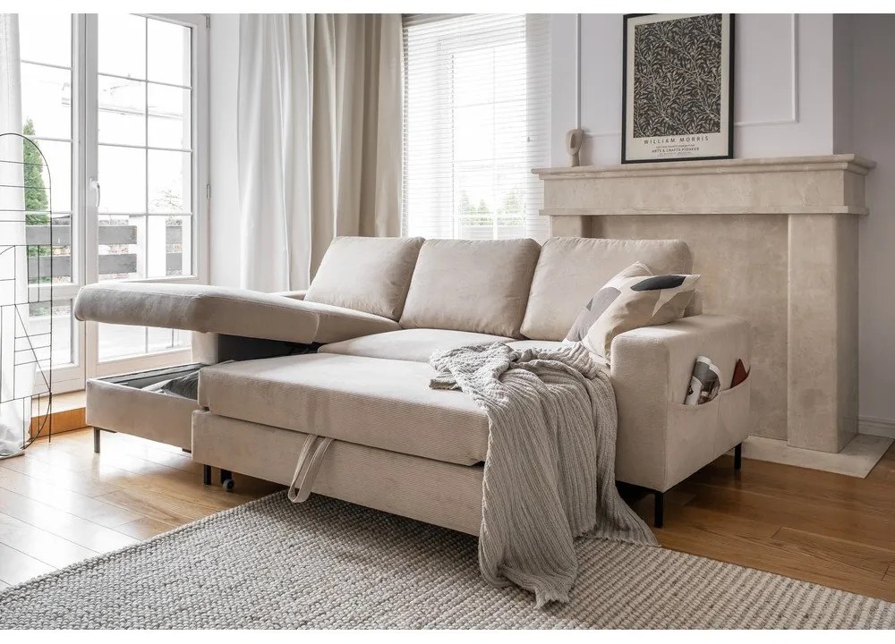 Colțar bej extensibil cu tapițerie din catifea reiată (cu colț pe partea stângă ) Lofty Lilly – Miuform