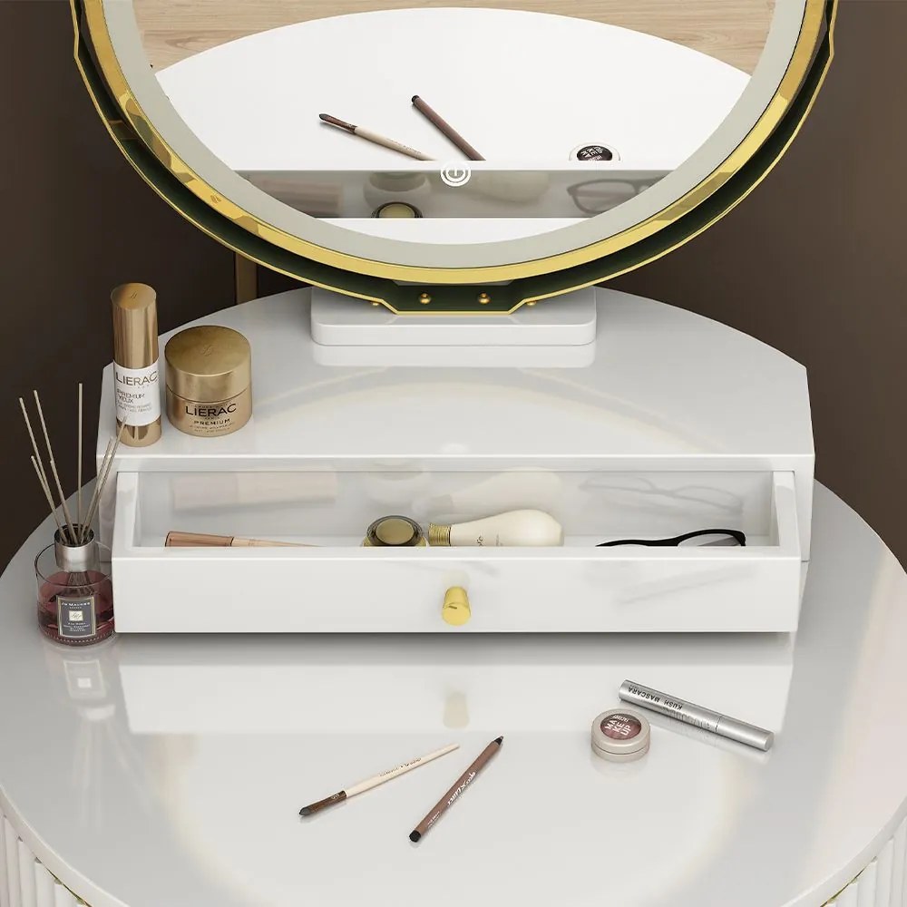 Masuta machiaj cu Oglinda LED si 1 Sertar pentru Cosmetice, Set Masa toaleta 60 cm, Alb, masuta vanity cu Riflaj, cosmetica - SEA459