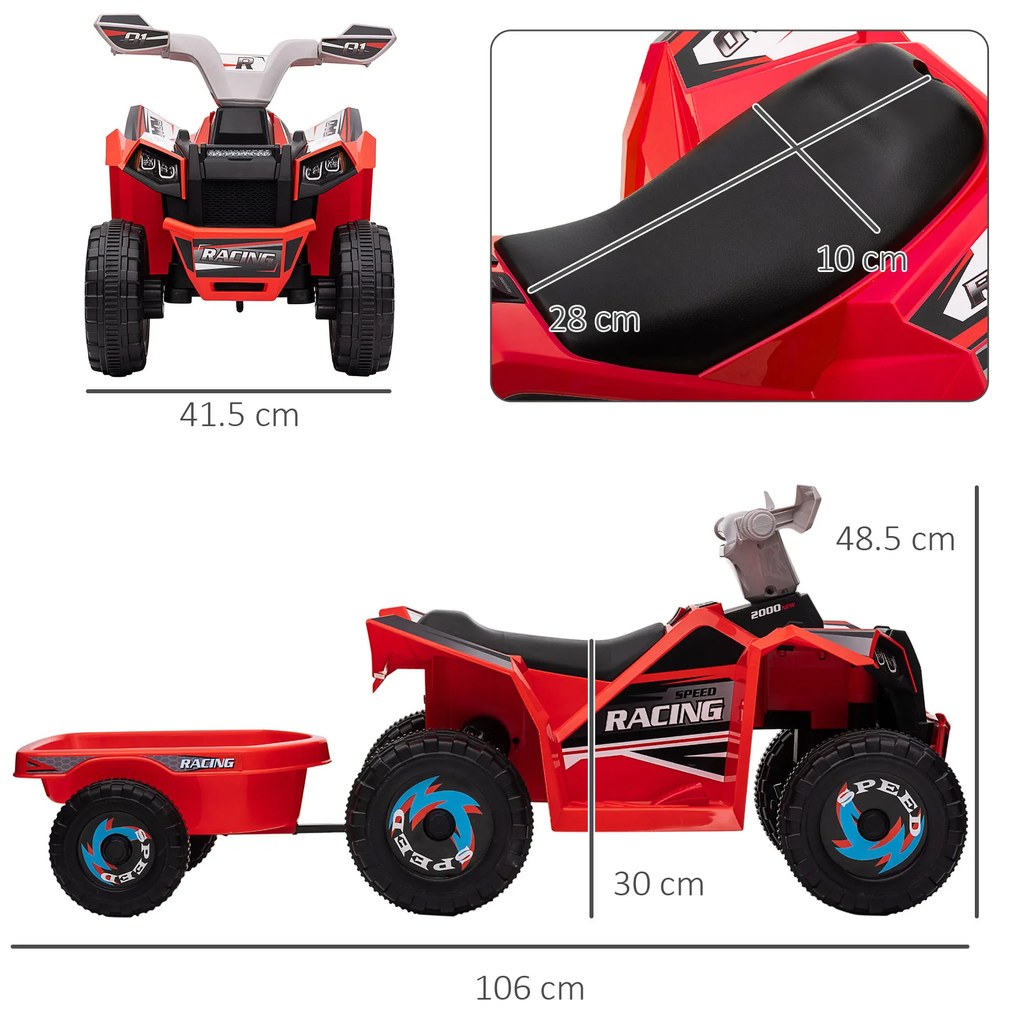HOMCOM Quad Electric pentru Copii cu Remorcă, 2,5 km/h, 50 de minute de condus, pentru 1,5 până la 3 ani, până la 25 kg, Roșu | Aosom Romania