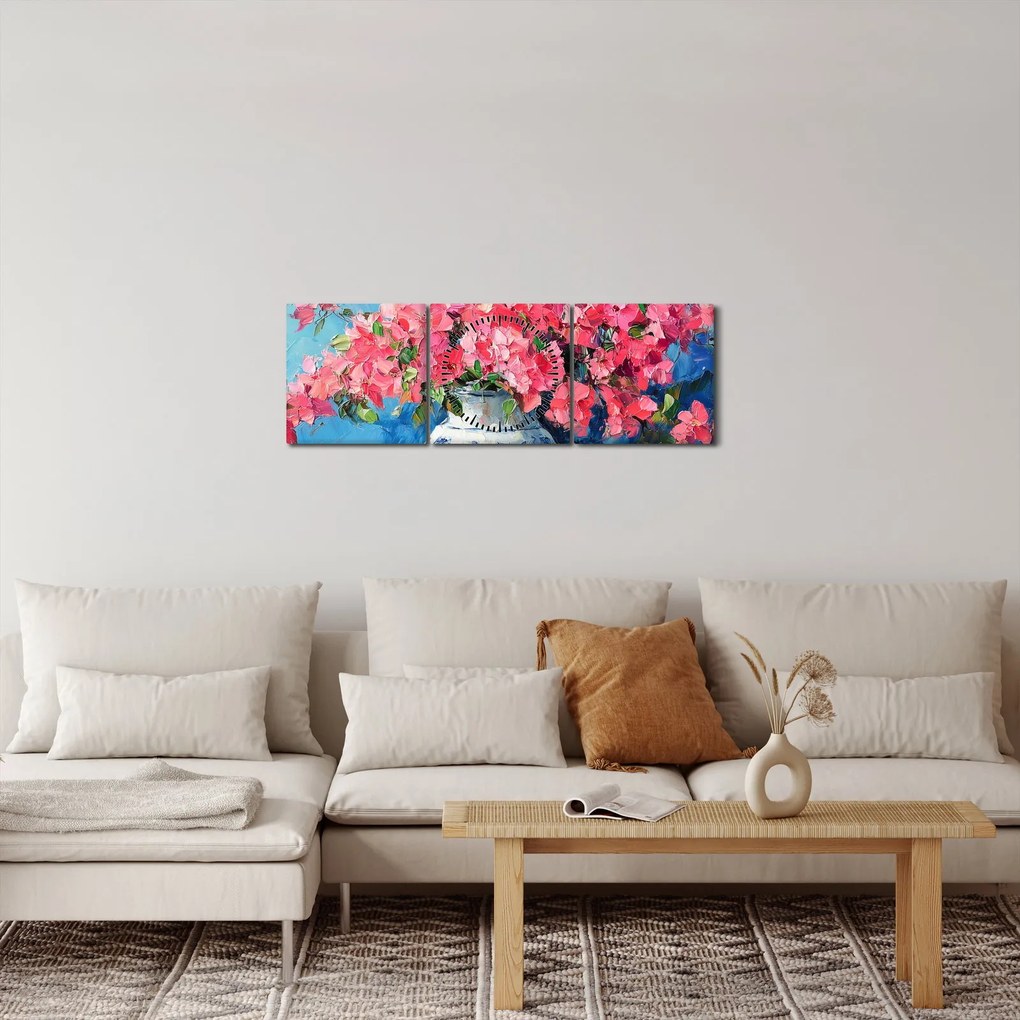 Tablou - Vază cu flori roz (cu ceas) (90x30 cm)