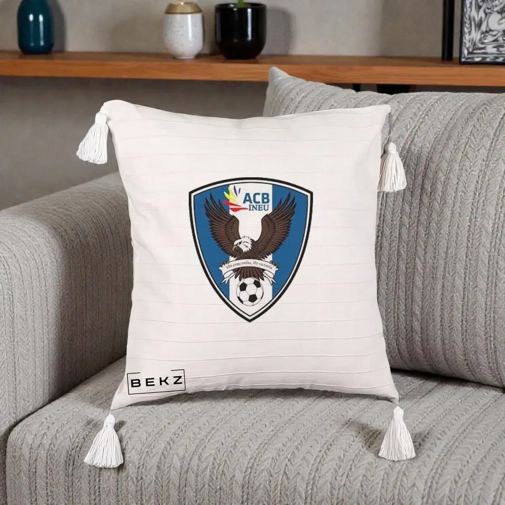 Perna Personalizata ACB Ineu Fotbal, 40x40 cm, Bej cu Franjuri, Husa Detasabila, Perna Inclusa, BEKZ®