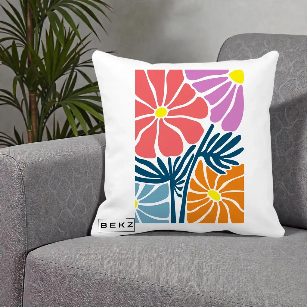 Perna Decorativa Flori Grafice Roz-Orange-Albastru, 40x40 cm, Alba Mata, Husa Detasabila, Perna Inclusa, BEKZ®