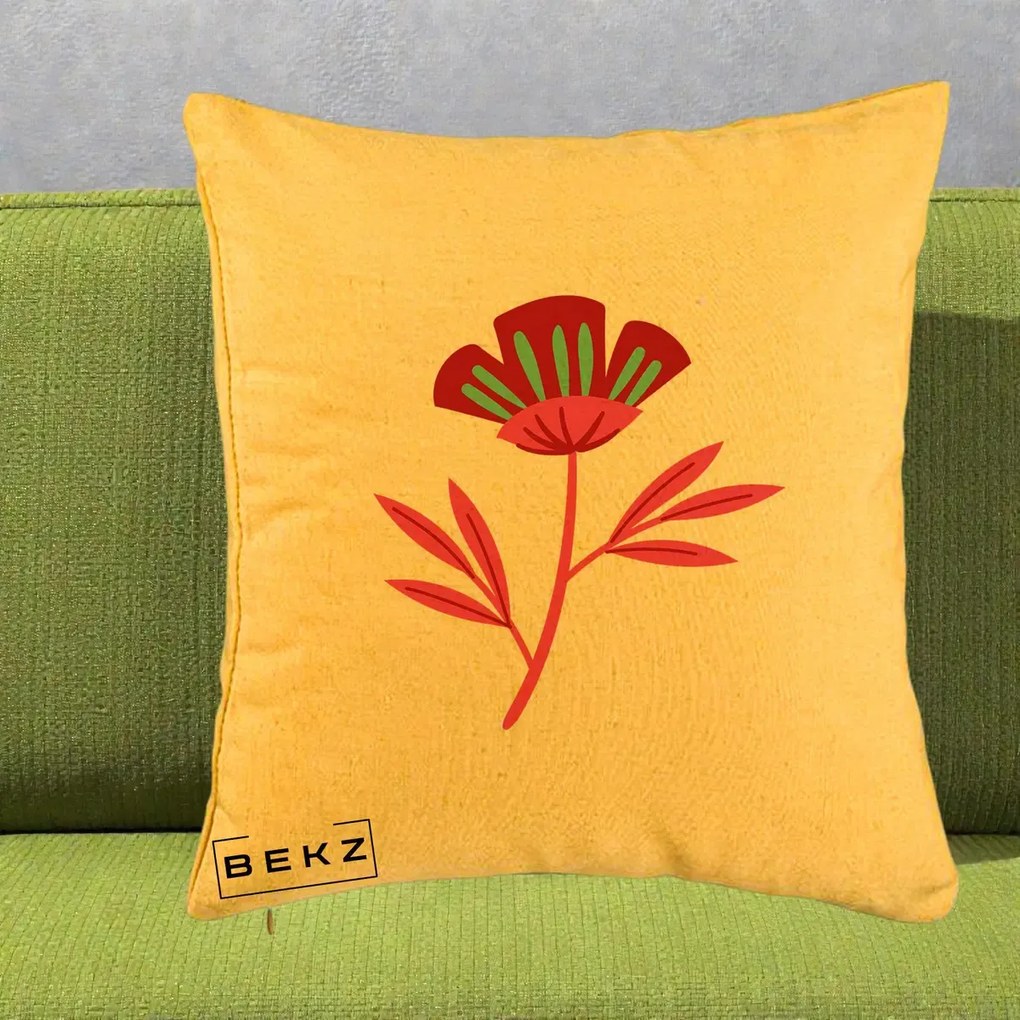 Perna Decorativa Floare Macul Roz-Rosu Grafic, 40x40 cm, Galben, Husa Detasabila, Perna Inclusa, BEKZ®