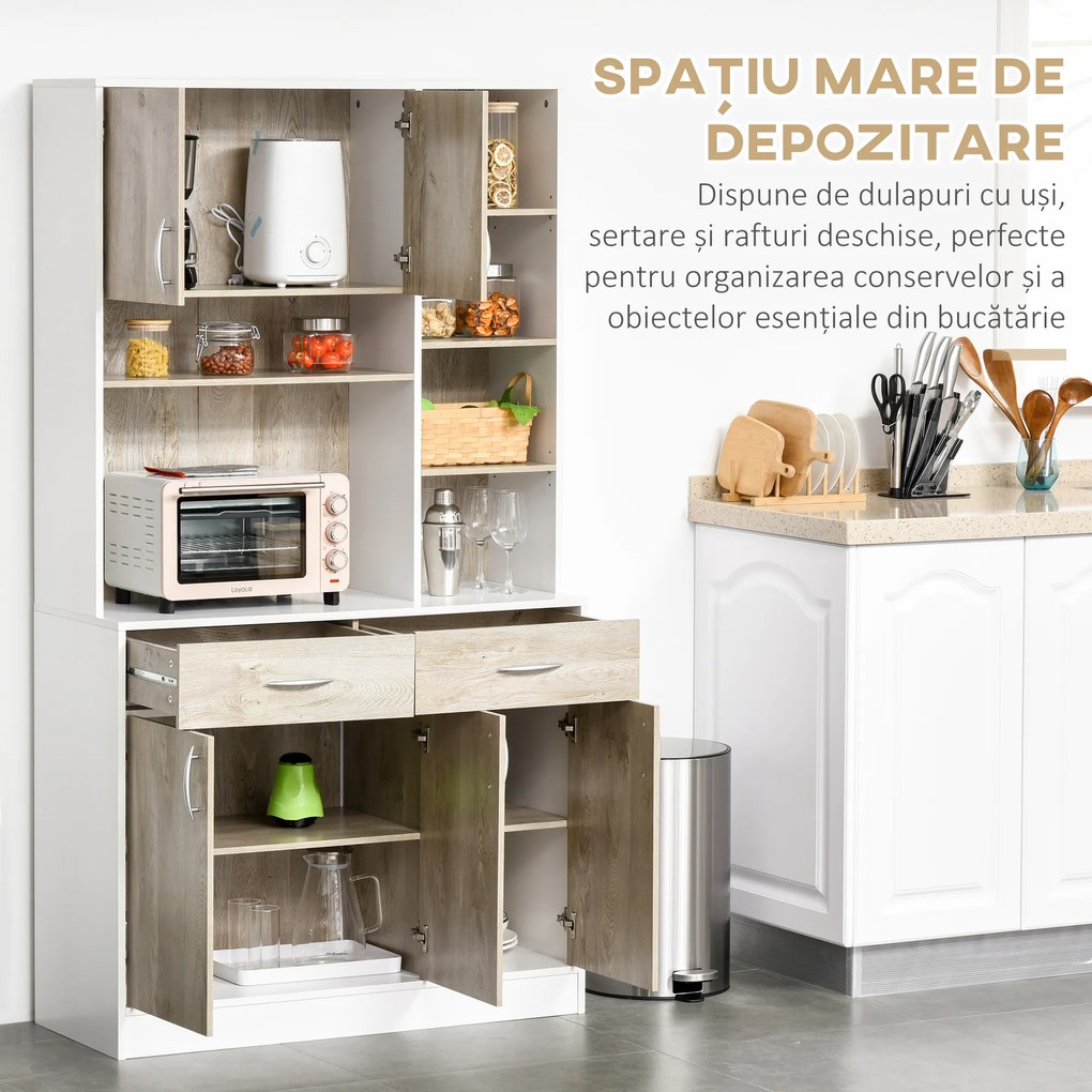 HOMCOM Bufet de Bucătărie Spațios, Dulap cu Sertare și Uși, Design Modern, 100x39x180 cm, Alb și Lemn Natural | Aosom Romania