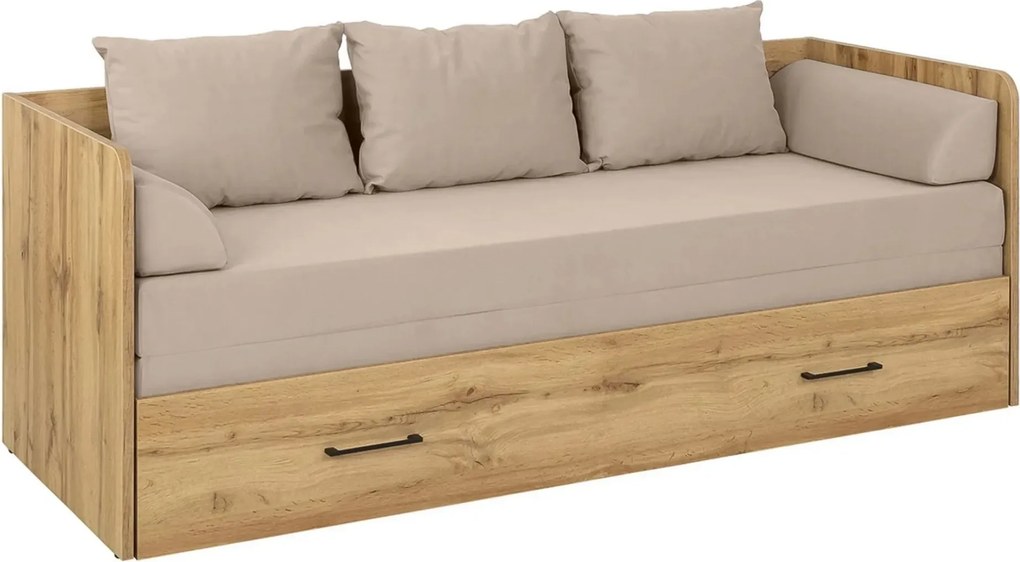 Pat TETRIX 80/160x200, stejar wotan/bej, PAL/stofa, cu saltea extensib