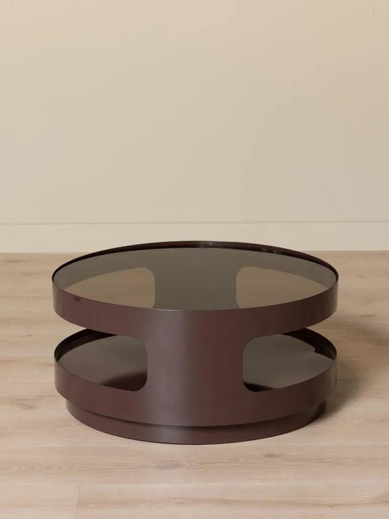 Măsuță de cafea din sticlă și metal, rotundă, cu structură cilindrică și decupaje laterale, maro antichizat, finisaj mat, 70×32 cm, „Onyru"