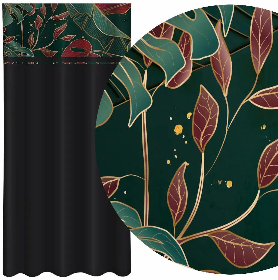 Draperie clasică neagră cu imprimeu de frunze verzi și burgunde Lățime: 160 cm | Lungime: 250 cm