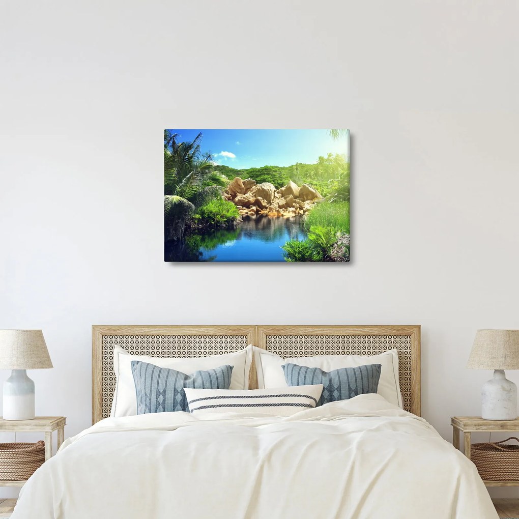 Tablou cu lac în jungla din Seychelles (70x50 cm)
