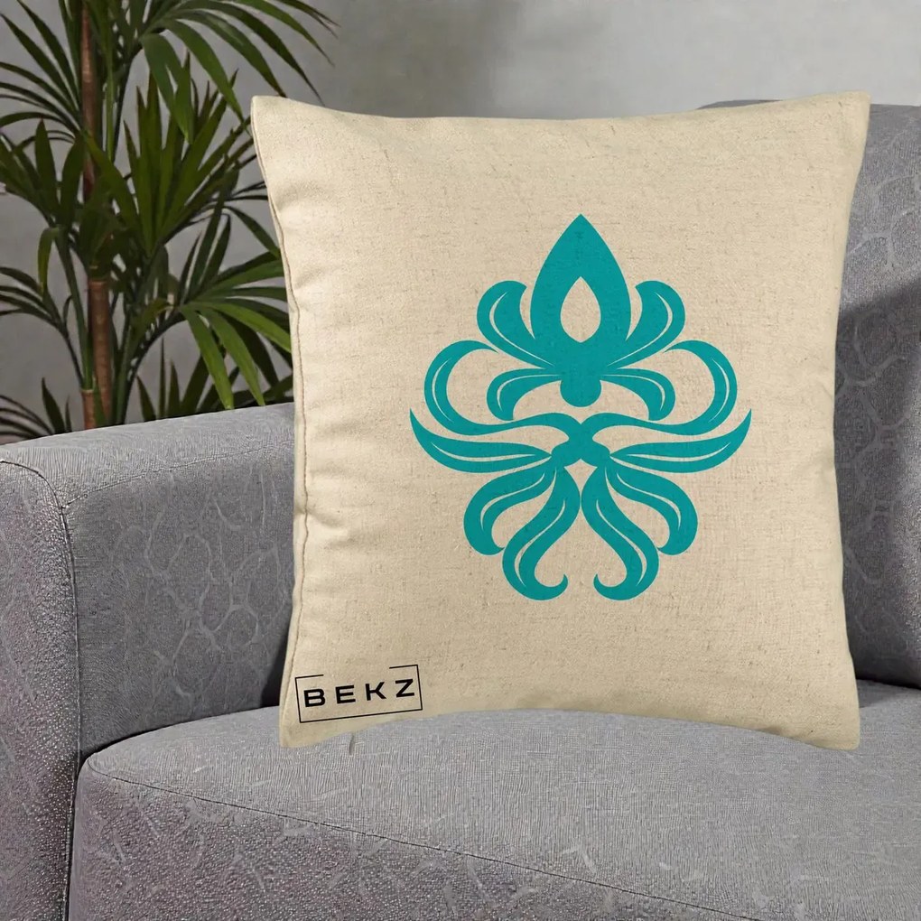 Perna Decorativa Ornament Turcoaz Fleur de Lis, 40x40 cm, Bej, Husa Detasabila, Perna Inclusa, BEKZ®