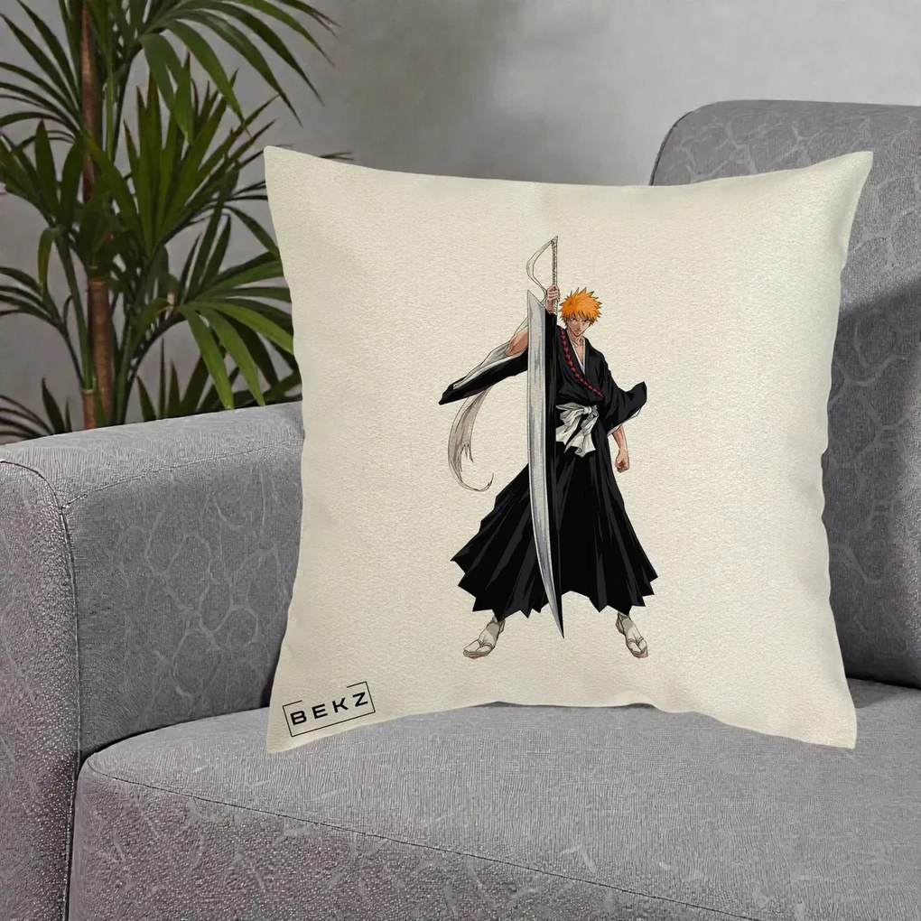 Perna Personalizata Bleach Ichigo Kurosaki Zangetsu, 40x40 cm, Ecru, Husa Detasabila, Perna Inclusa, BEKZ®