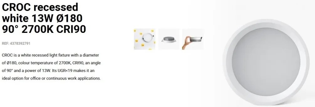 Spot LED incastrabil CROC IP44 recessed white 13W 18cm 90 grade 2700K CRI90