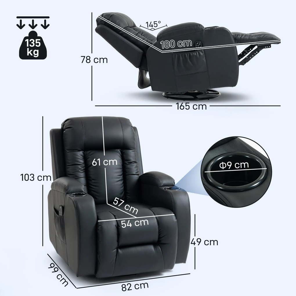 Homcom Fotoliu Masaj &amp; incalzire – 8 Zone, Piele Eco, inclinabil 150° | Aosom Romania