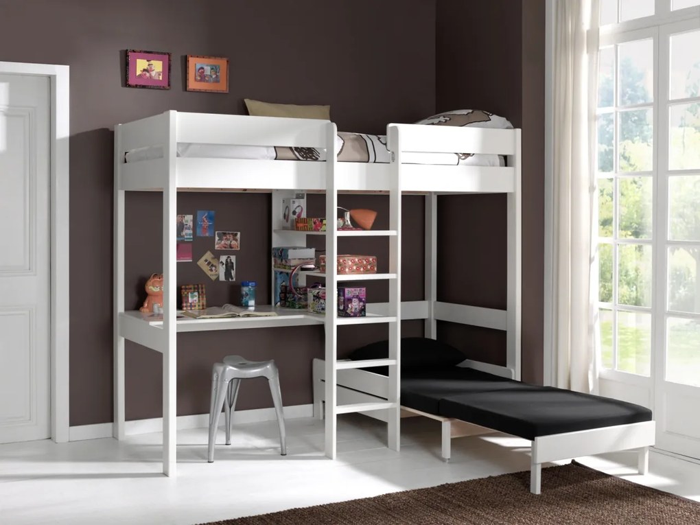 PINO Pat copii LOFT CU CANAPEA EXTENSIBILĂ 90 X 200 CM ALB
