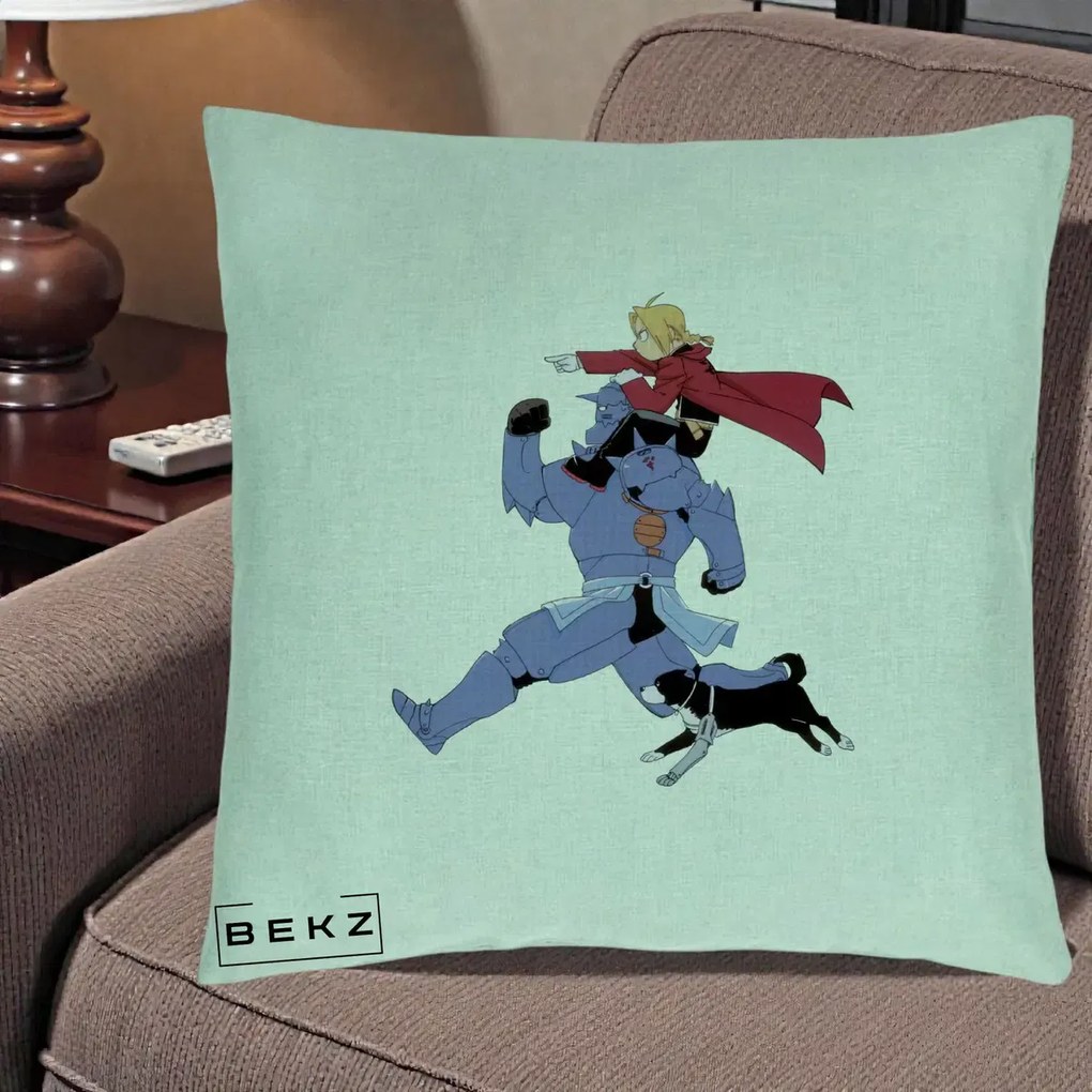 Perna Personalizata Fullmetal Alchemist Edward si Alphonse, 40x40 cm, Verde Menta, Husa Detasabila, Perna Inclusa, BEKZ®