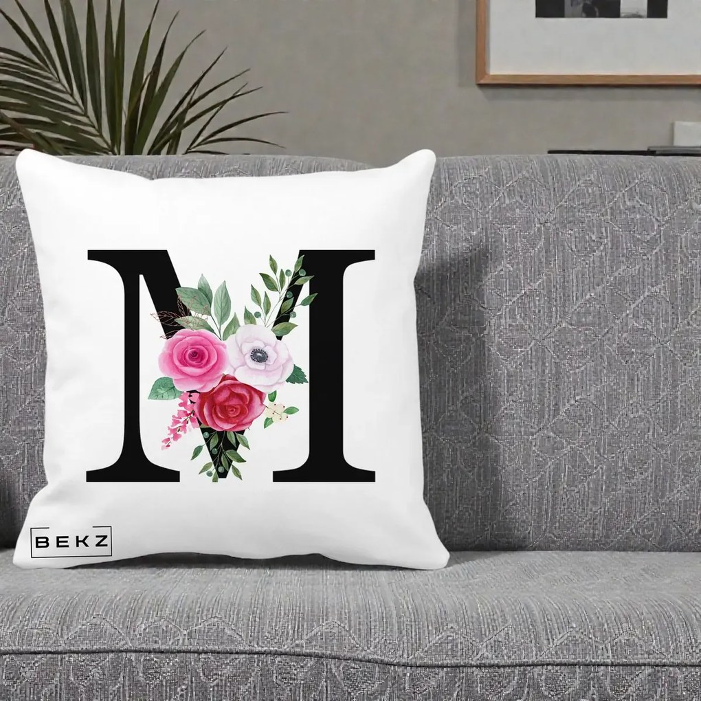 Cadou Personalizat - Perna Personalizata Monograma Florala Litera M cu Trandafiri si Anemona, 40x40 cm, Alba Mata, Husa Detasabila, Perna Inclusa, BEKZ®