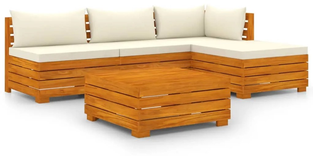 Set mobilier gradina cu perne, 5 piese, lemn masiv de salcam Crem, colt + 2x mijloc + suport pentru picioare + masa, 1