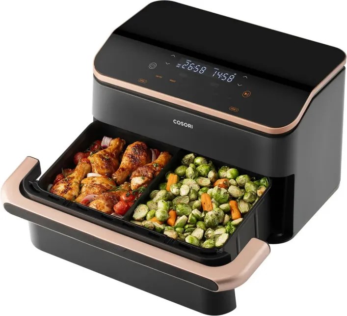 La mâna a doua: Friteuza cu aer cald Cosori Dual Blaze TwinFry CAF-TF101S, 10 L, 6 programe, 240°C, Timer, ThermoIQ, Negru