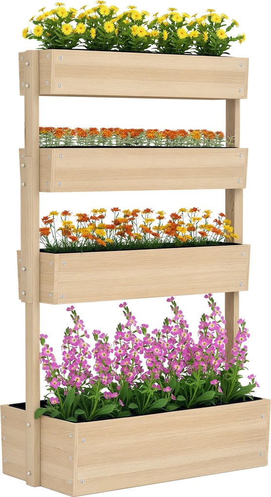 Outsunny Jardiniere înaltă din lemn cu 4 etaje, scară de flori cu căptușeală, găuri de drenaj, lemn natural | Aosom Romania