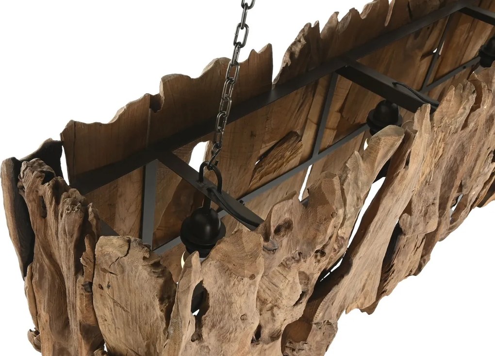 Lustră suspendată din lemn de tec lucrat manual și metal, natur și negru, 40 x 160 x 30 cm, „Pierrefonds”