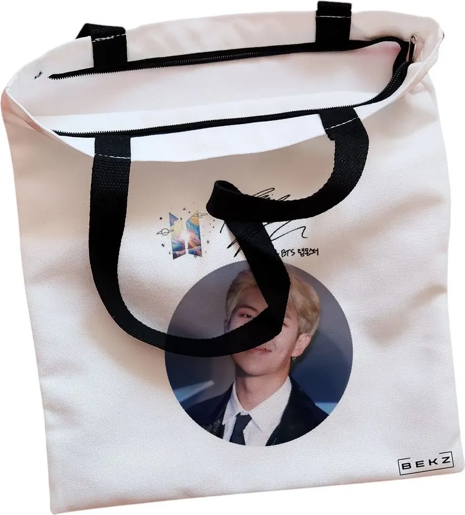 Sacosa de Panza pentru Cumparaturi, Geanta Tote, model BTS RM cu semnatura, Cu fermoar, 38x34.5 cm, Alba, BEKZ®